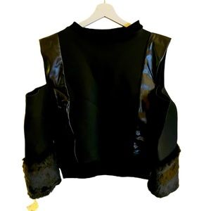 Black Unique Wool/Faux Fur leather shoulder Cut shirt/sweater